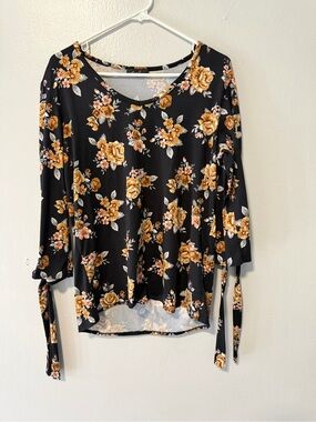 Rachel Black Floral Tie-Sleeve Long Sleeve Top